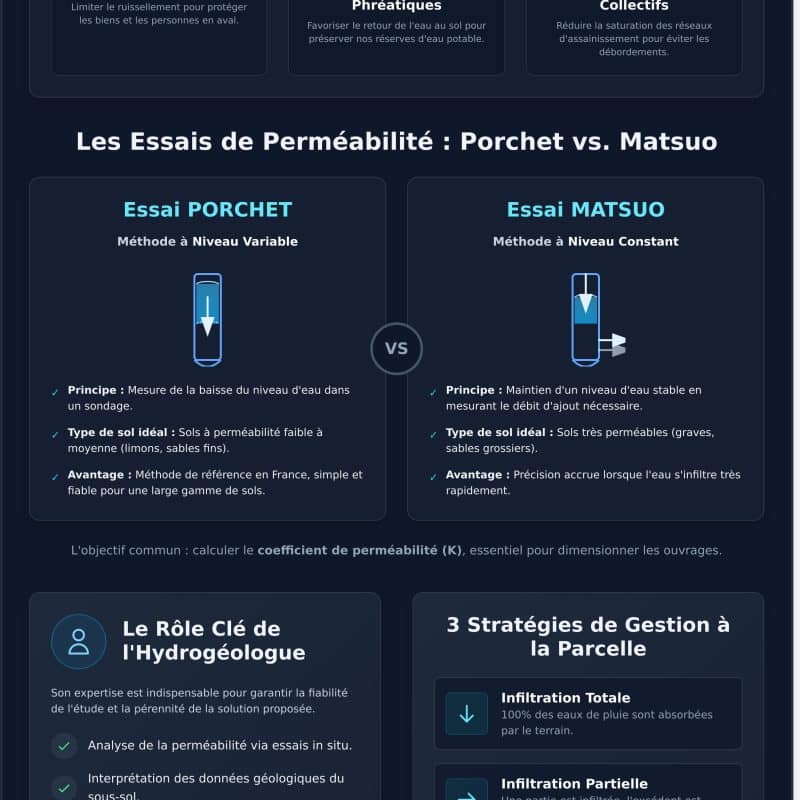 Etude dinfiltration des eaux pluviales Guide technique et reglementaire 2026 Infographic