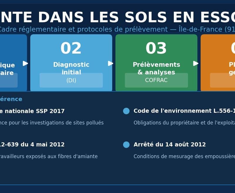 Pipeline SSP amiante sols Essonne — étude historique, diagnostic, prélèvements COFRAC, plan de gestion