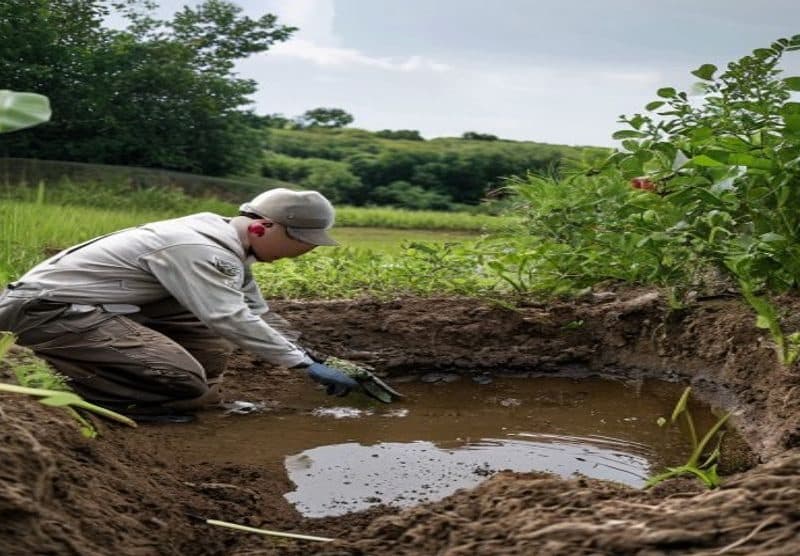 Technicien réalisant un test de perméabilité du sol pour une filière d'assainissement non collectif dans le Loiret
